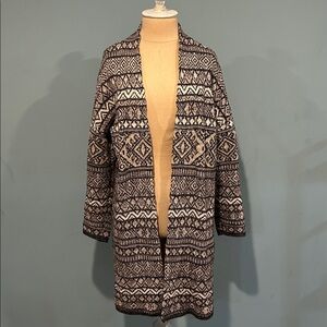 Lucky Brand Open Front Cardigan Sweater Black White Aztec Boho Medium Thick Knit